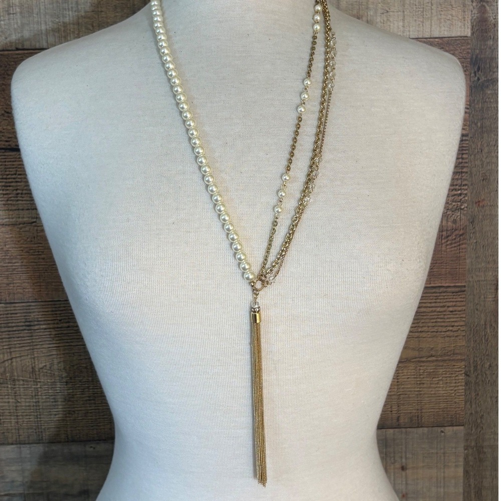 Express Gold Tone Faux Pearl Multi Strand Asymmetrical Tassel Necklace